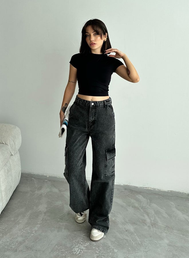 trendyol Anthracite Cargo Pocket High Waist Wide Leg Jeans - Image 3