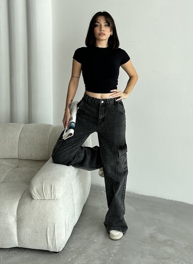trendyol Anthracite Cargo Pocket High Waist Wide Leg Jeans - Image 1