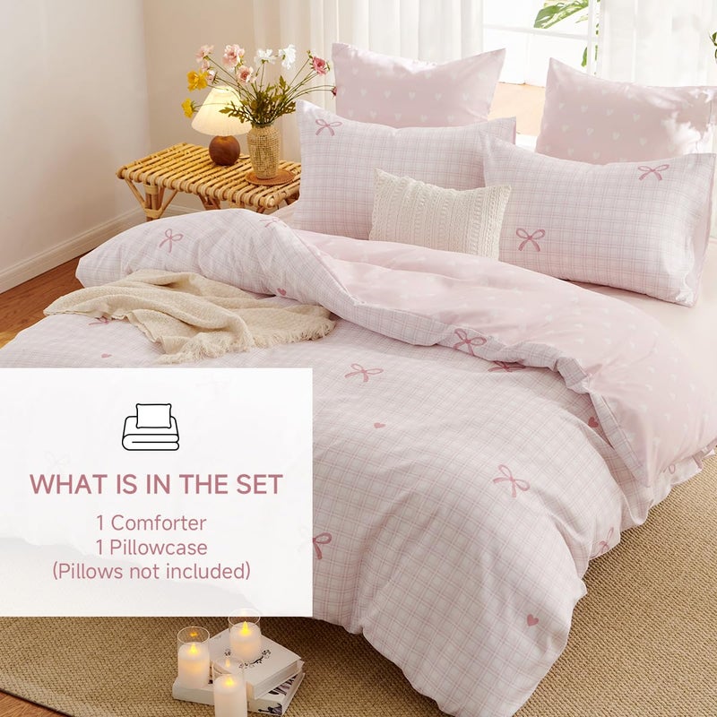 Erwinmu Gingham Comforter Set Twin Size,2 Pieces Pink Plaid Bow Ties Comforter Bedding Sets Reversible Pattern for Girls Kids,Cozy Breathable Microfiber Comforter and 1 Pillowcase - Image 4