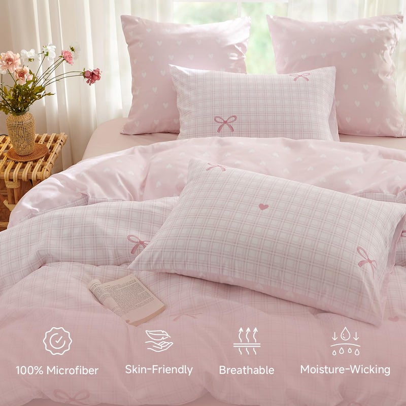 Erwinmu Gingham Comforter Set Twin Size,2 Pieces Pink Plaid Bow Ties Comforter Bedding Sets Reversible Pattern for Girls Kids,Cozy Breathable Microfiber Comforter and 1 Pillowcase - Image 2