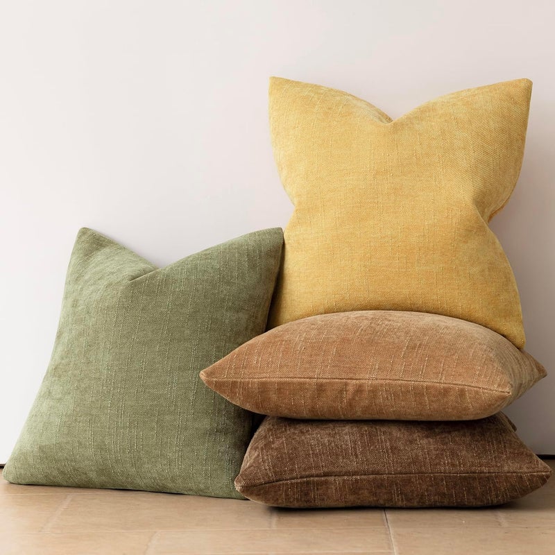 Foindtower Pack of 2 Soft Textured Chenille Throw Decorative Pillow Covers Square Accent Solid Cushion Cover Neutral Farmhouse Pillow Case for Couch Sofa Bedroom Living Room 18x18 Inch,Light Yellow - Image 5