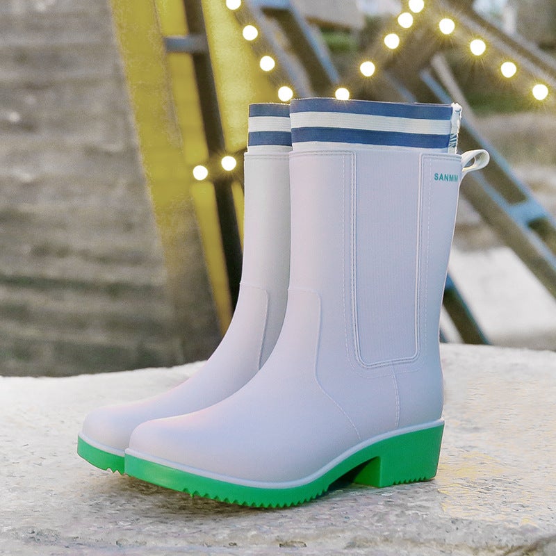 Mid-Calf Mid-Heel Rain Boots Women'S Student Water Shoes Increased Beautiful Fashion Rain Boots Waterproof Rubber Shoes - Image 1