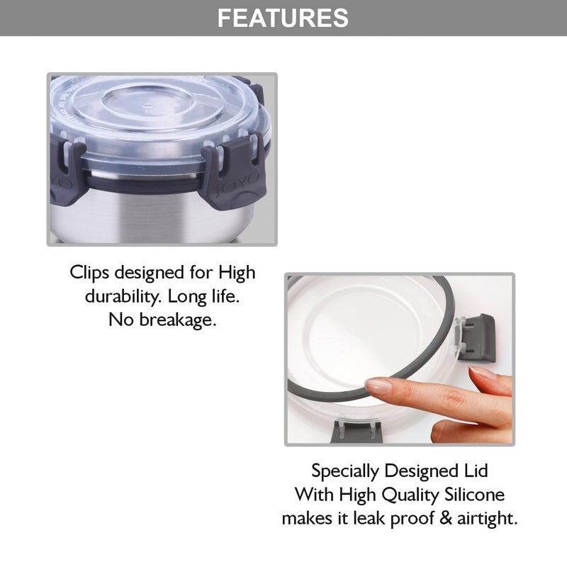 JOYO Joyo Klip It Lunch Pack with Zipper Pouch, 100% Leak Proof, 3 Stainless Steel Containers with BPA Free Airtight 4 Side Lock Lids (475 ML X 2, 375 ML) - (Grey)  - Image 3
