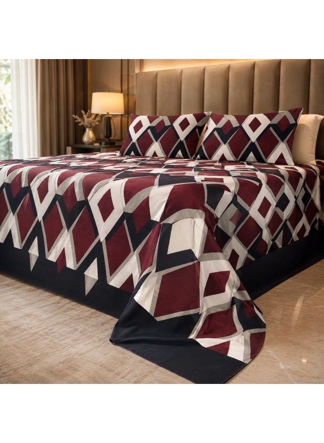 King Size Flat Bedsheet Set | 3D Printed Maroon Black & White Geometric Diamond Zigzag Design | 260×240 cm | 1 Bedsheet + 2 Pillowcases - Image 1