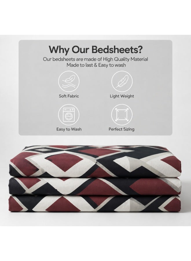 King Size Flat Bedsheet Set | 3D Printed Maroon Black & White Geometric Diamond Zigzag Design | 260×240 cm | 1 Bedsheet + 2 Pillowcases - Image 4