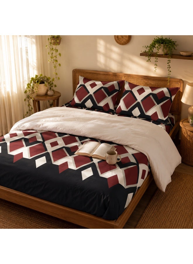 King Size Flat Bedsheet Set | 3D Printed Maroon Black & White Geometric Diamond Zigzag Design | 260×240 cm | 1 Bedsheet + 2 Pillowcases - Image 2