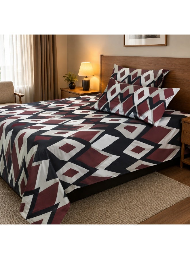King Size Flat Bedsheet Set | 3D Printed Maroon Black & White Geometric Diamond Zigzag Design | 260×240 cm | 1 Bedsheet + 2 Pillowcases - Image 5