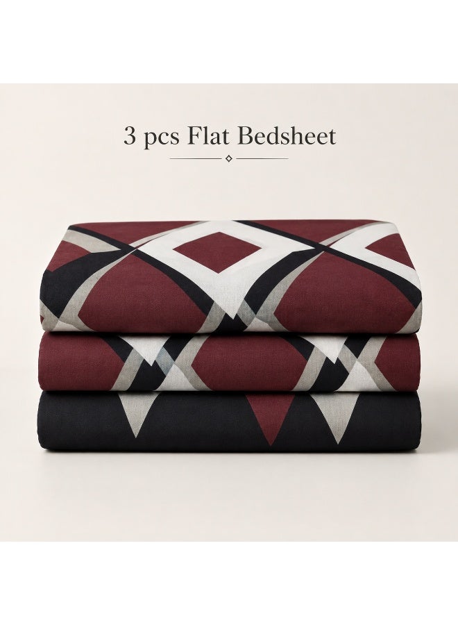 King Size Flat Bedsheet Set | 3D Printed Maroon Black & White Geometric Diamond Zigzag Design | 260×240 cm | 1 Bedsheet + 2 Pillowcases - Image 3
