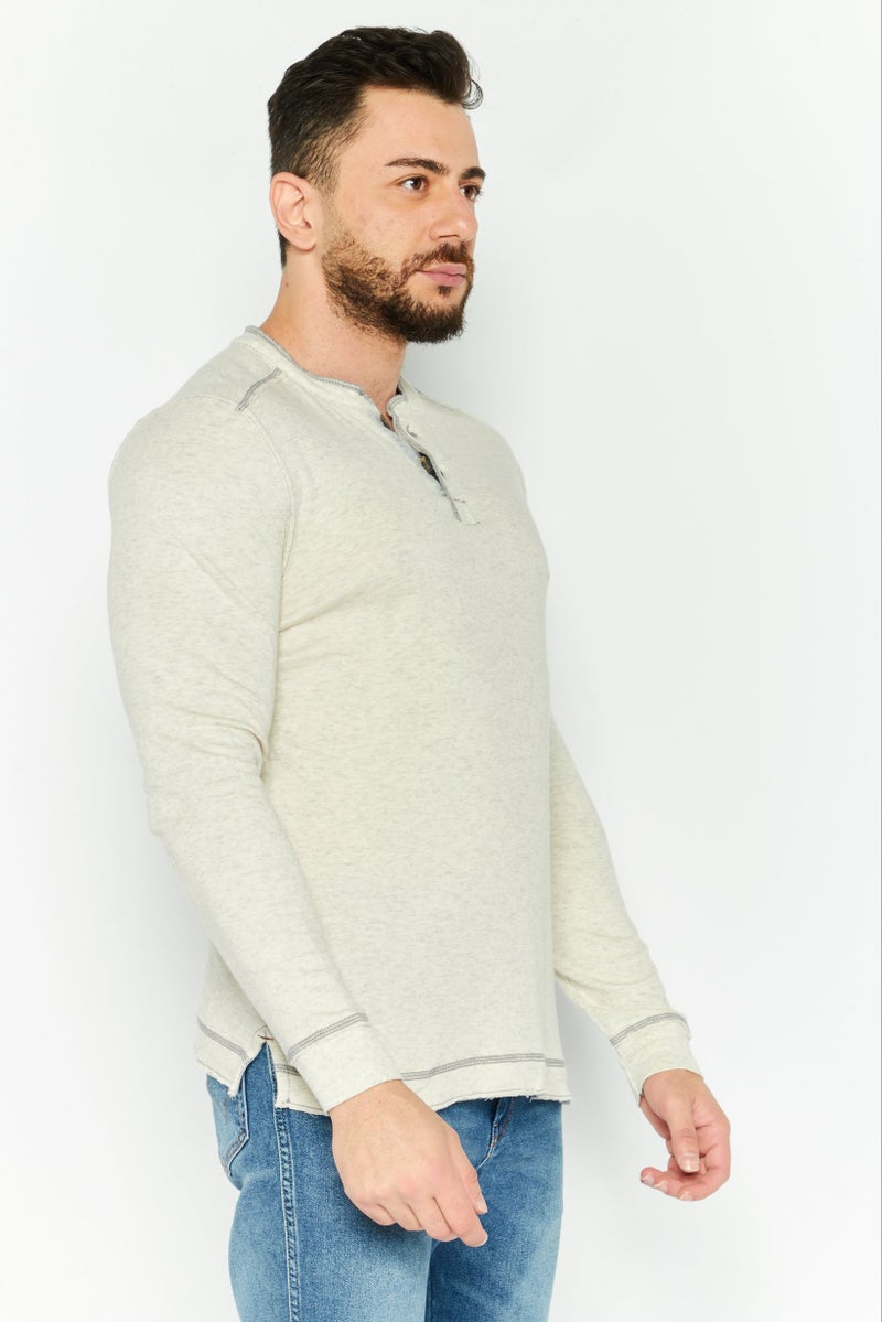 TRUE GRIT Men Henley Neck Long Sleeve Heather T-Shirts, Oatmeal Heather  - Image 3
