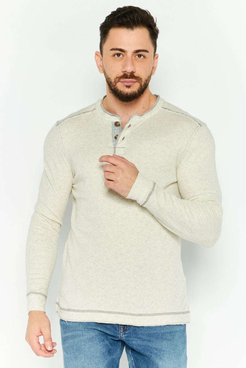 TRUE GRIT Men Henley Neck Long Sleeve Heather T-Shirts, Oatmeal Heather  - Image 1