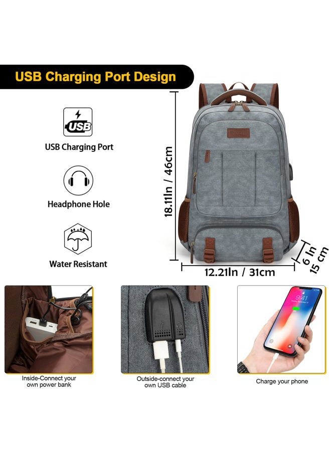 Tzowla Canvas Laptop Backpack, Bag for Men Women,School Travel College Work Rucksack Fits 15.6 Inch Laptop, Bookbag with USB Charging Port,Light Grey - Image 2
