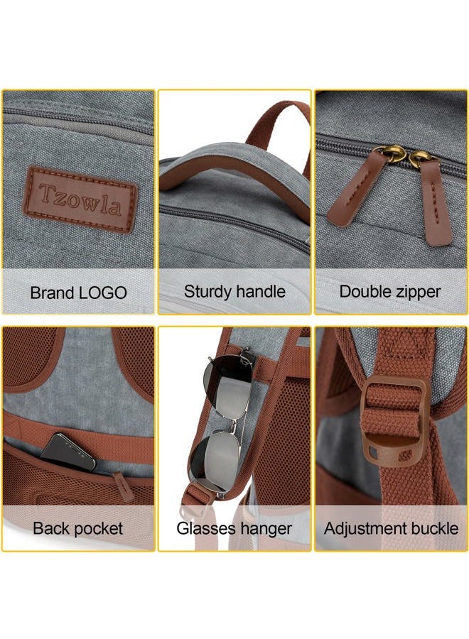 Tzowla Canvas Laptop Backpack, Bag for Men Women,School Travel College Work Rucksack Fits 15.6 Inch Laptop, Bookbag with USB Charging Port,Light Grey - Image 4
