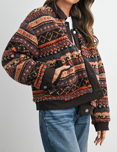 Meyhad Women's Floral Sherpa Jacket Open Front Denim Collar Fleece Jackets Oversized Outerwear with Pockets(1011-Coffee-M) - Image 3