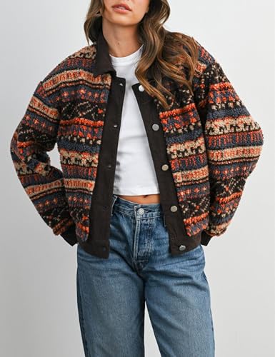 Meyhad Women's Floral Sherpa Jacket Open Front Denim Collar Fleece Jackets Oversized Outerwear with Pockets(1011-Coffee-M) - Image 2