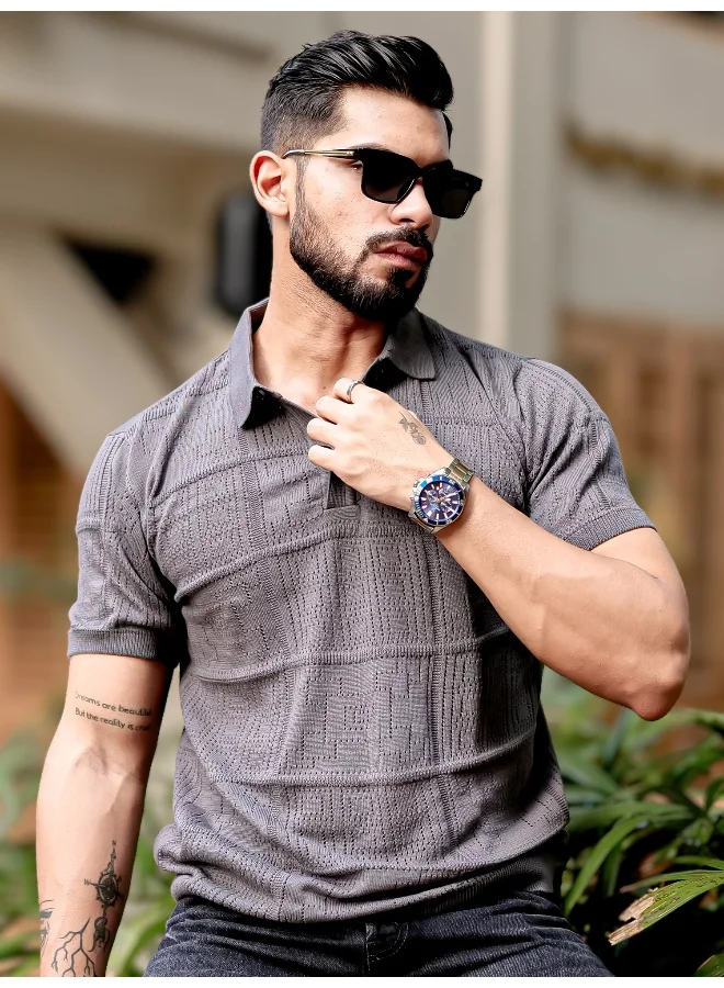 Maniac Maniac Mens Half Sleeve Dark Grey PointNet Flat Knit Cotton Polo T-Shirt