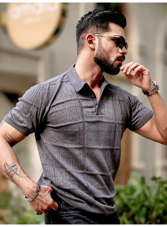 Maniac Maniac Mens Half Sleeve Dark Grey PointNet Flat Knit Cotton Polo T-Shirt