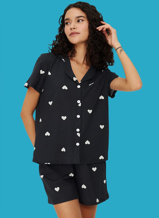 trendyol Black 100% Cotton Heart Patterned Shorts Knitted Pajama Set  - Image 1