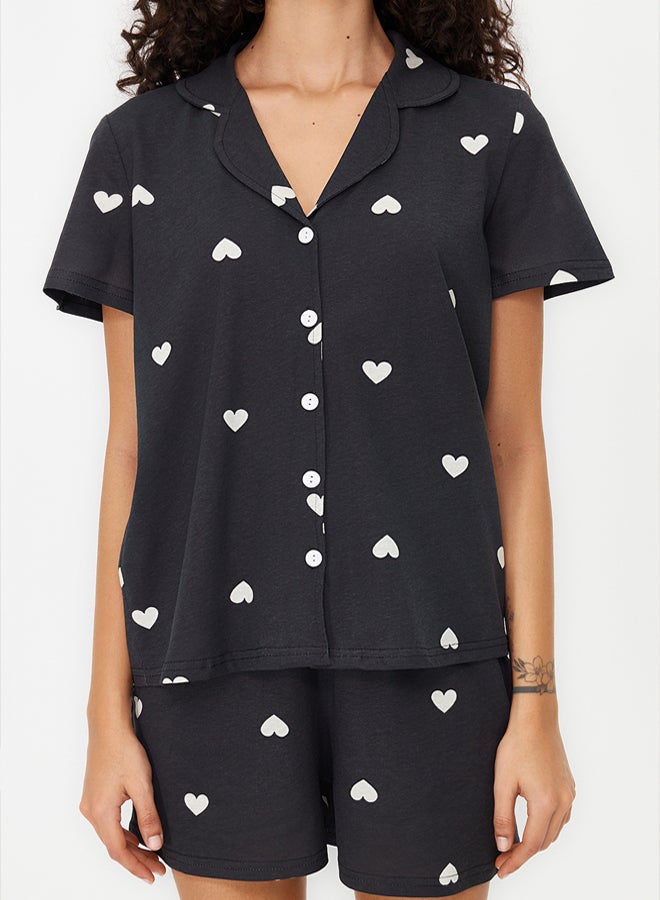 trendyol Black 100% Cotton Heart Patterned Shorts Knitted Pajama Set  - Image 5