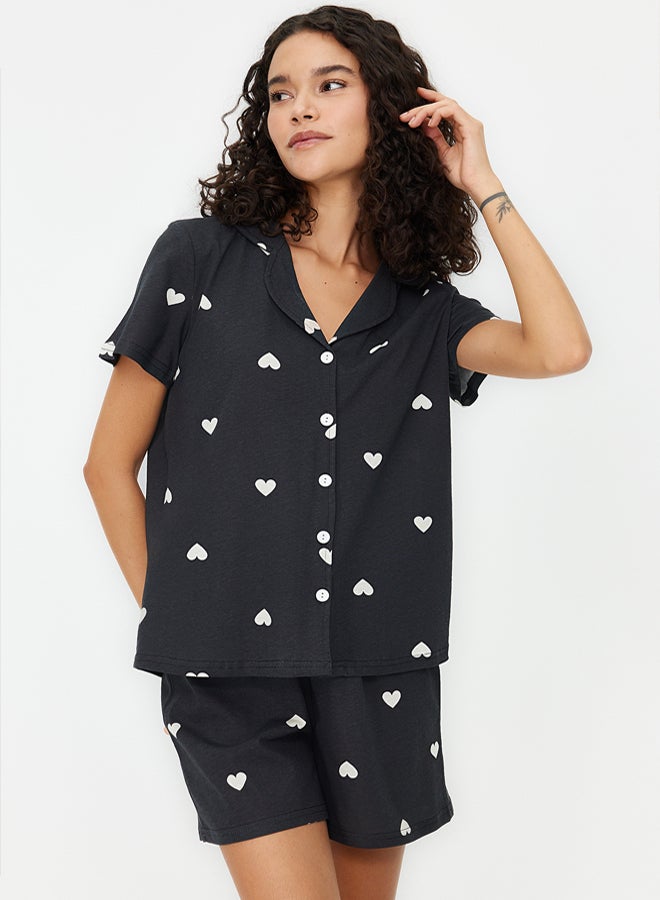 trendyol Black 100% Cotton Heart Patterned Shorts Knitted Pajama Set  - Image 2