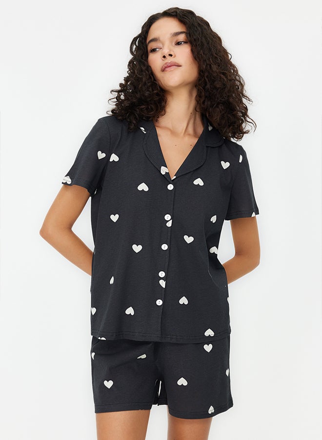 trendyol Black 100% Cotton Heart Patterned Shorts Knitted Pajama Set  - Image 4