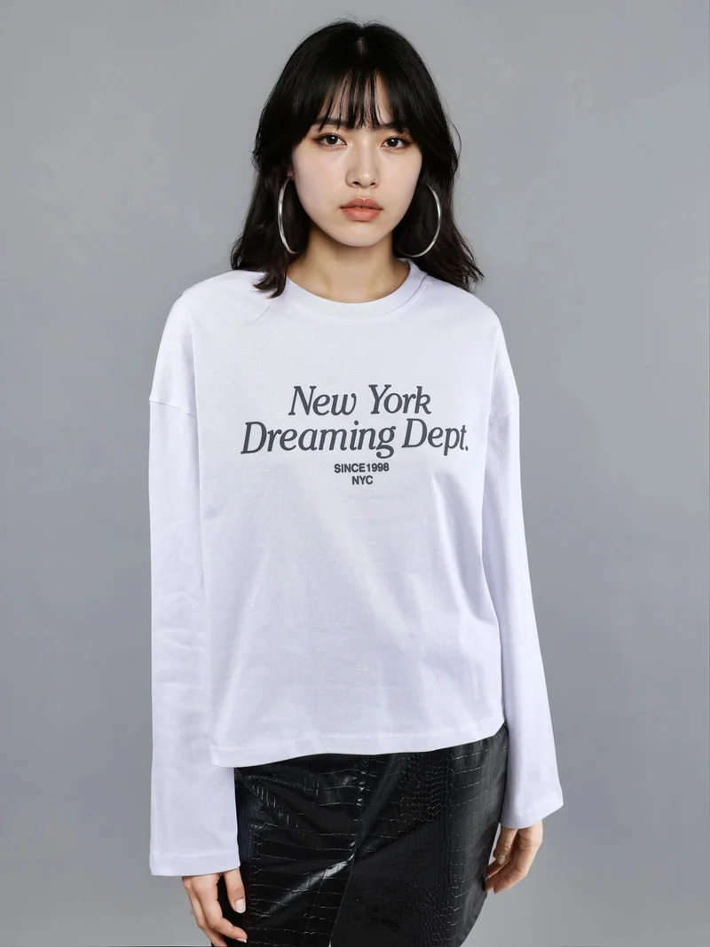 Busem White Relaxed Fit Long Sleeve Crew Neck Back Printed Top for Women | Best Price UAE