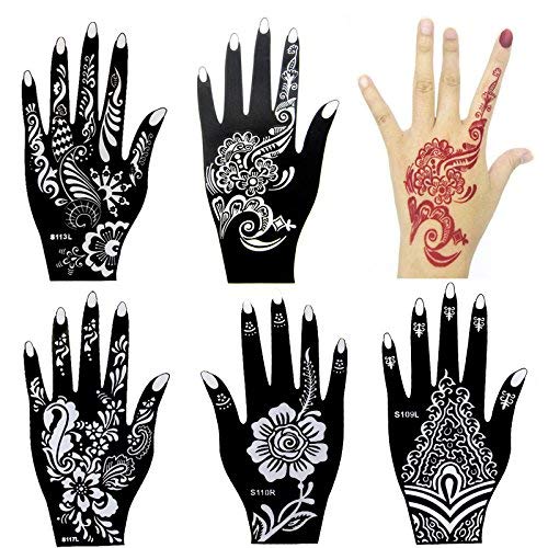 Xmasir 6 Sheets India Henna Tattoo Stencil Kit for Women Girl Hand Art Painting Temporary Tattoo Sticker Glitter Templates 787 x 4