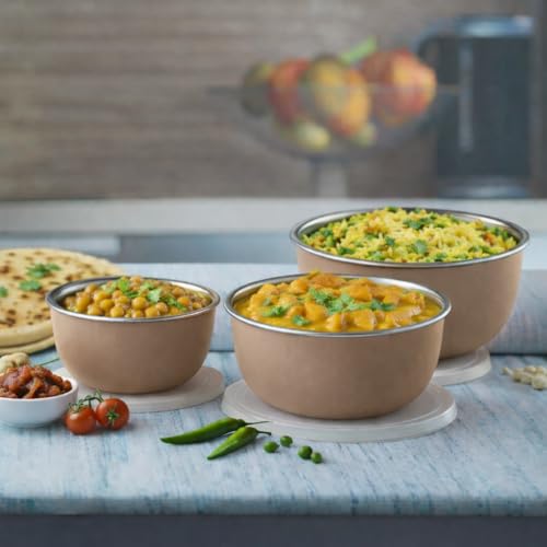 Zaib Microwave Safe Stainless Steel Mixing Bowl Set with Lids | Euro Design Food Storage Bowls for Kitchen | 3-Piece Set (500 ml, 750 ml, 1250 ml) Sand Brown 3 WL - Image 2