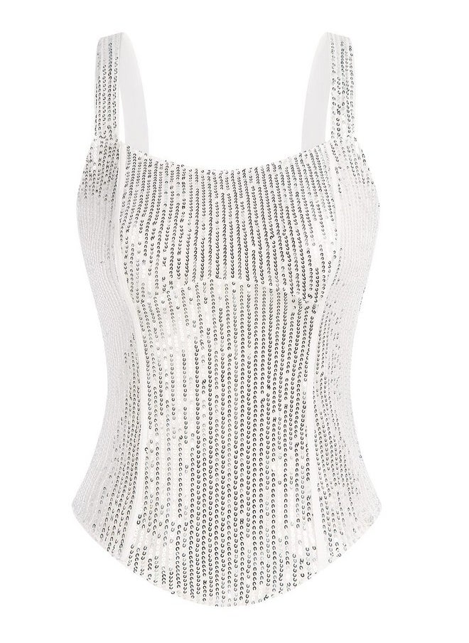 Women Bustier Corset Top Sexy Slim Tank Top Square Neck Sequin Silver White Summer Sleeveless Party L - pzsku/ZB53117C4F020ABF7FB49Z/45/_/1740982755/4c970533-3bb5-4919-ad82-578822f5f343