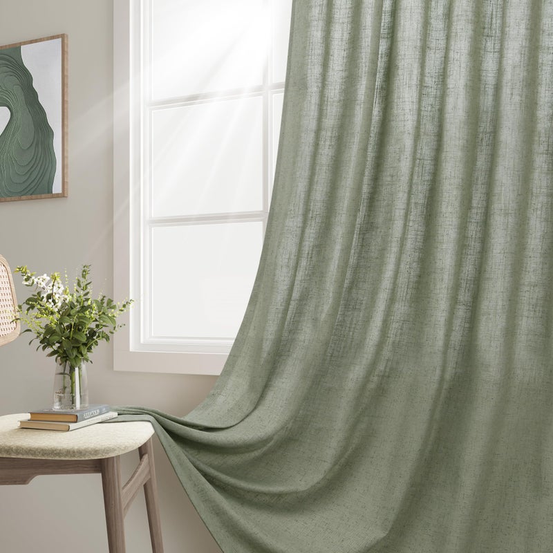 Joywell Sage Green Back Tab Linen Curtains 102 Inches Long 2 Panels for Living Room Bedroom Neutral Boho Farmhouse Rustic Light Filtering Semi Sheer Curtains Window Treatment 52x102 - Image 2