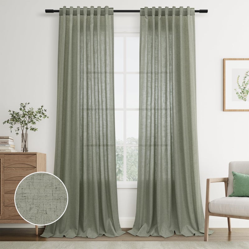 Joywell Sage Green Back Tab Linen Curtains 102 Inches Long 2 Panels for Living Room Bedroom Neutral Boho Farmhouse Rustic Light Filtering Semi Sheer Curtains Window Treatment 52x102 - Image 1