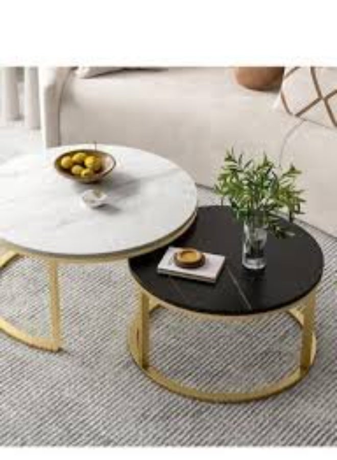 Modern set of two nesting coffee tables with faux marble tops and a gold-colored metal frame. - Image 2