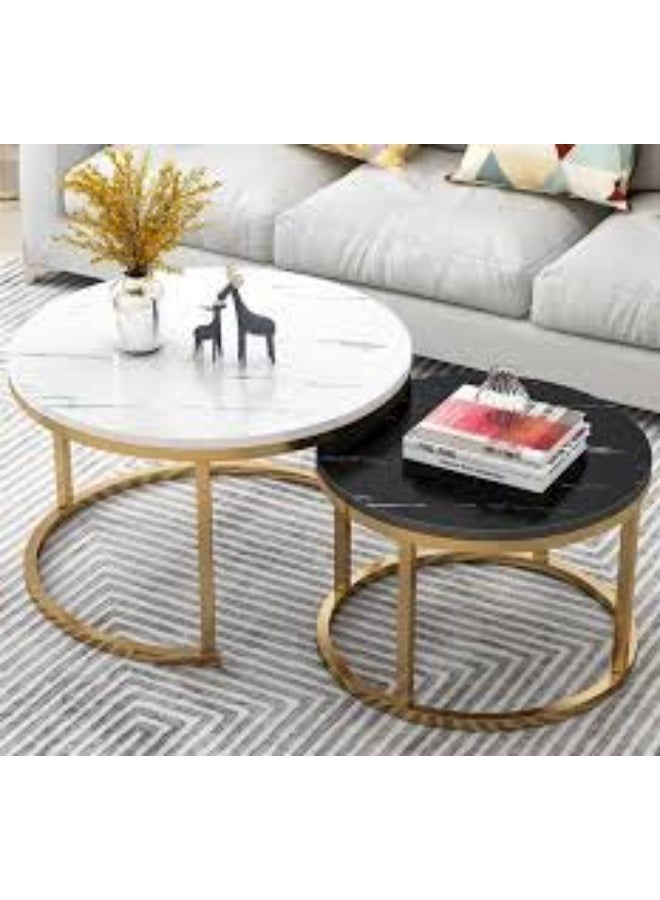 Modern set of two nesting coffee tables with faux marble tops and a gold-colored metal frame. - Image 1