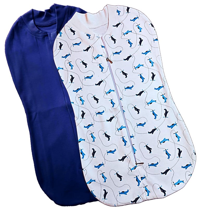 MammaChamp Zipper POD Swaddle Sleeping Sack Blankets Wrap Bag New Born Baby for 03 Months Pack of 2 Dark BlueWhite - Image 1