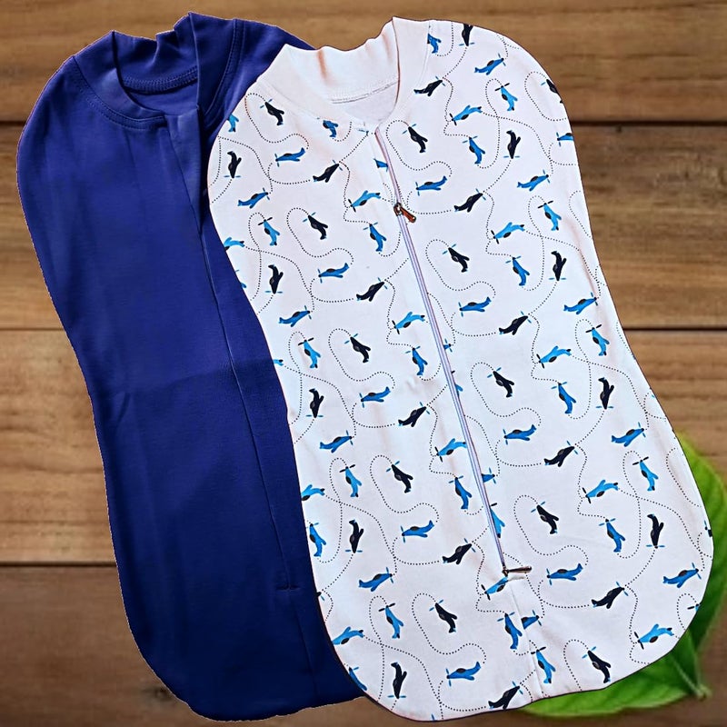 MammaChamp Zipper POD Swaddle Sleeping Sack Blankets Wrap Bag New Born Baby for 03 Months Pack of 2 Dark BlueWhite - Image 2
