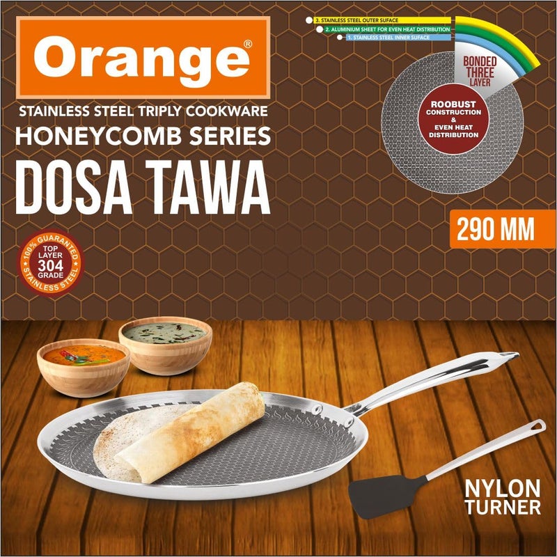 Orange Triply Stainless Steel Non-Stick Honeycomb Dosa/Uttapa Tawa 29 cm | Induction Frinedly | Cool Touch Riveted Handle | 2.5mm Thickness | Metal Spoon Friendly | 5Year Warranty - Image 2