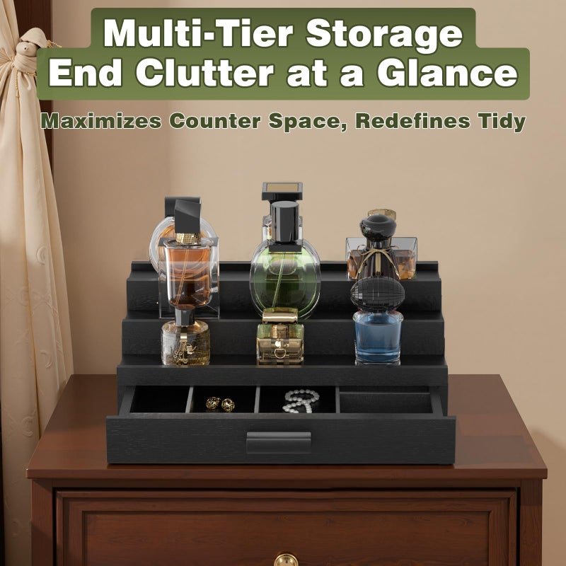 TIRYIUOU Perfume Cologne Organizer for Men: 3 Tier Wooden Perfumes Stand, Desktop Parfum Holder Wood Display Shelf with Cabinet, Bedroom Dresser Makeup Lotion Jewelry Storage Rack with Drawer - Image 3