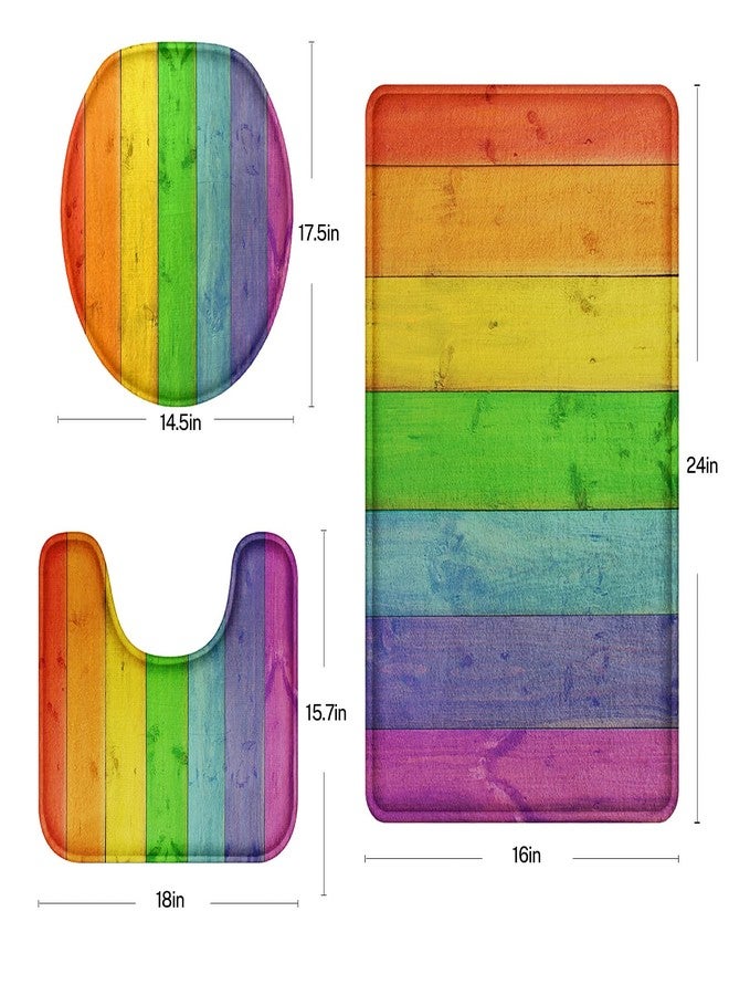 Britimes Bathroom Rug Set of 3, 3 Pieces Bath Mats Set, Rainbow Wood Plank Texture No Silp Washable Cover Floor Rug Decorations for Kitchen Bathroom Bedroom - Image 3