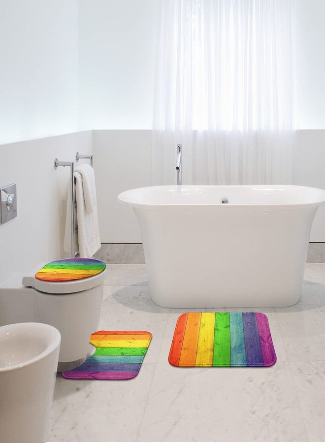 Britimes Bathroom Rug Set of 3, 3 Pieces Bath Mats Set, Rainbow Wood Plank Texture No Silp Washable Cover Floor Rug Decorations for Kitchen Bathroom Bedroom - Image 5