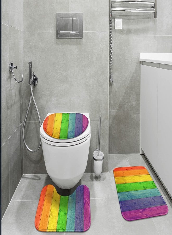 Britimes Bathroom Rug Set of 3, 3 Pieces Bath Mats Set, Rainbow Wood Plank Texture No Silp Washable Cover Floor Rug Decorations for Kitchen Bathroom Bedroom - Image 2