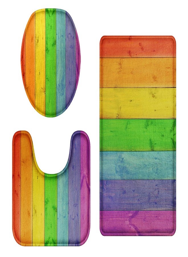Britimes Bathroom Rug Set of 3, 3 Pieces Bath Mats Set, Rainbow Wood Plank Texture No Silp Washable Cover Floor Rug Decorations for Kitchen Bathroom Bedroom - Image 1