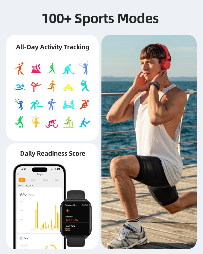 Parsonver Smart Watch, 5ATM Waterproof Watch for Swimming, Fitness Activity Tracker with 100+ Sport Modes, Heart Rate/Sleep/SpO2/Steps Monitor, 1.8" HD Screen Fitness Watch for Android & iPhone, Black - Image 3