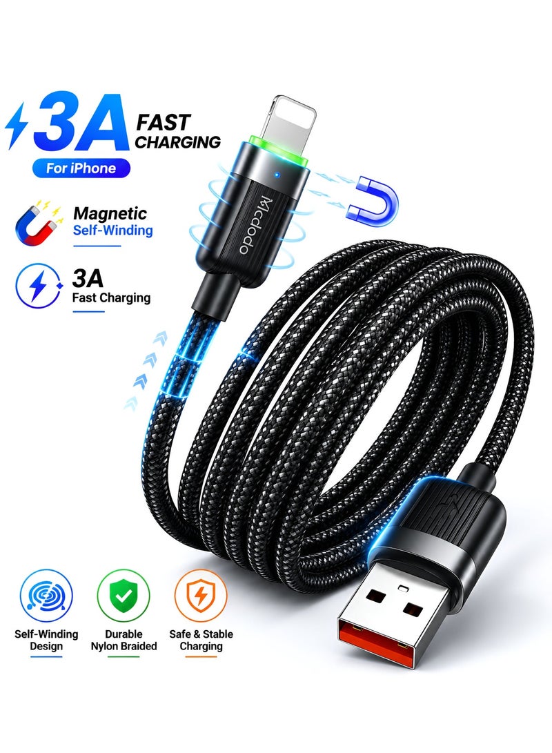 Mcdodo Magnetic Self-Winding iPhone USB-A to Lightning Cable 3A 1.2m – Fast Charging Data Sync Cable for iPhone 14 13 12 11, iPad, AirPods – Black - Image 1