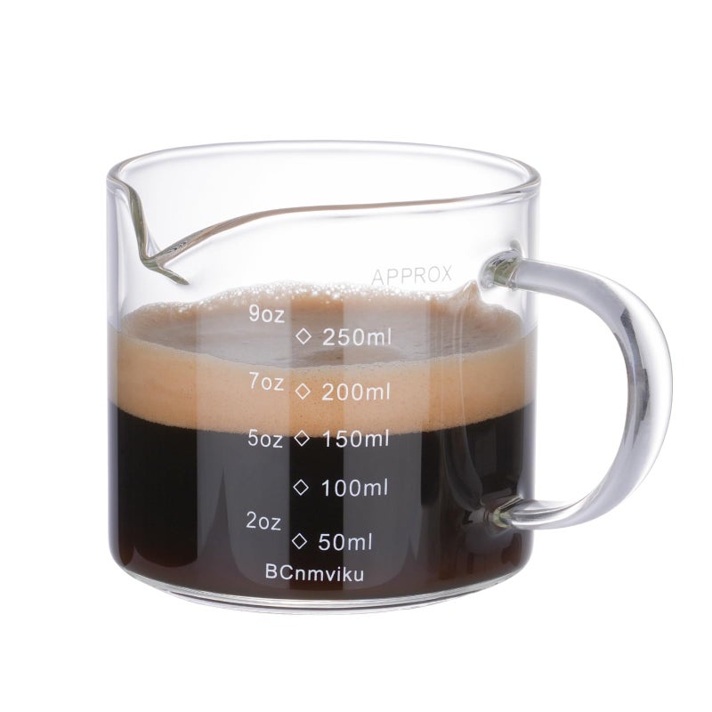 BCnmviku Espresso Cup Measuring Cup Triple Pitcher Milk Cup 250ML/8.5OZ Espresso Cups with Handle Shot Glass with V-Shaped Mouth Clear Accessories Milk Frothing Pitcher (1) - Image 1