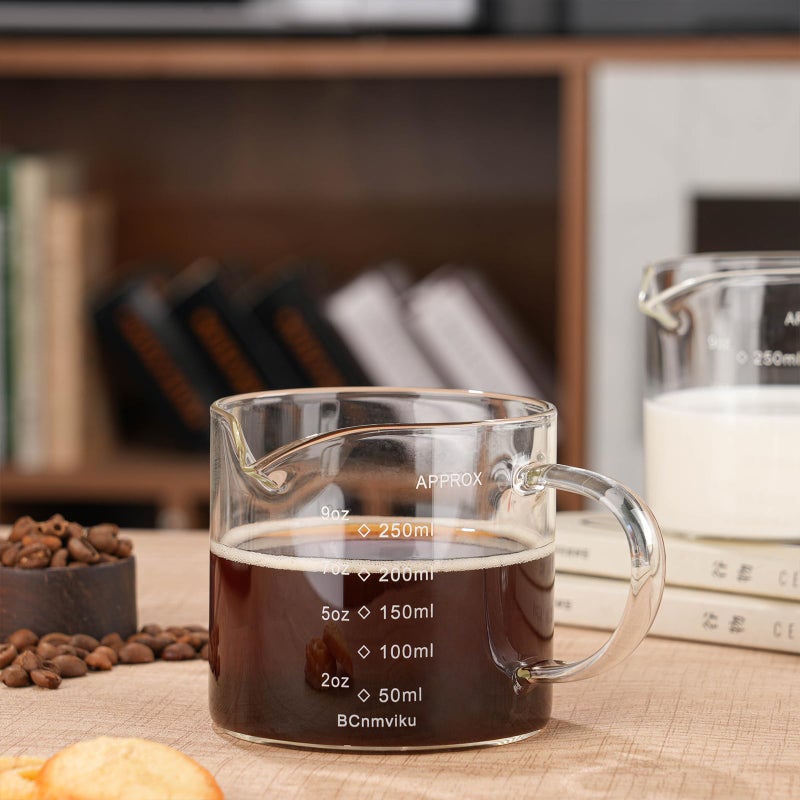 BCnmviku Espresso Cup Measuring Cup Triple Pitcher Milk Cup 250ML/8.5OZ Espresso Cups with Handle Shot Glass with V-Shaped Mouth Clear Accessories Milk Frothing Pitcher (1) - Image 4