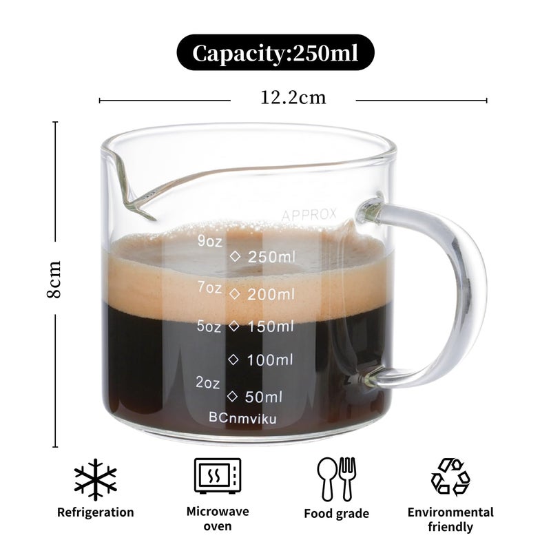 BCnmviku Espresso Cup Measuring Cup Triple Pitcher Milk Cup 250ML/8.5OZ Espresso Cups with Handle Shot Glass with V-Shaped Mouth Clear Accessories Milk Frothing Pitcher (1) - Image 3