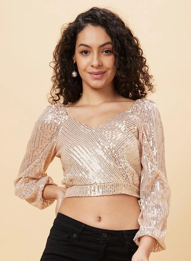 globus Women Beige Embellished Sweetheart Crop Top