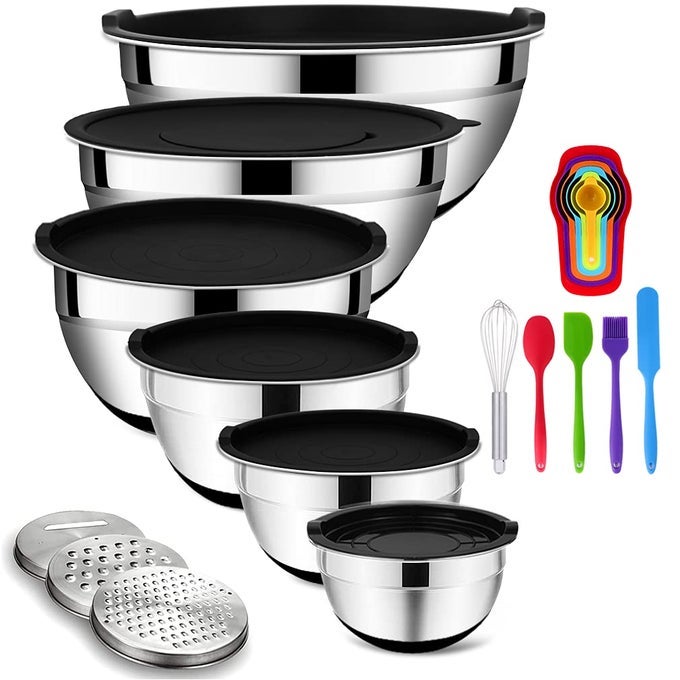 MIXING BOWLS SET WITH AIRTIGHT LIDS 20PCS STAINLESS STEEL NESTING BOWLS WITH 3 GRATER ATTACHMENTS NONSLIP BOTTOMS SIZE7 4 3 2 15 1QT BOWLS FOR BAKINGPREPPING