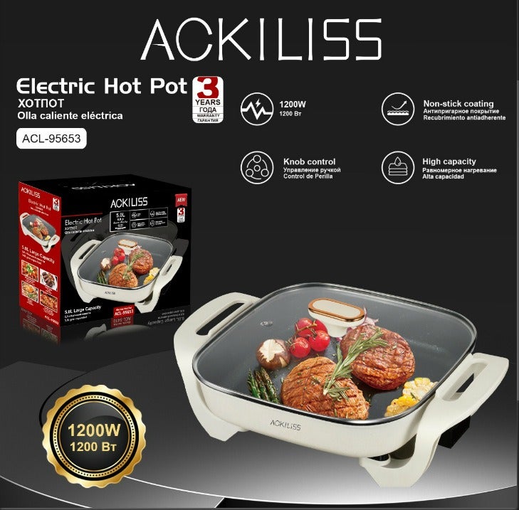 RAF Electric Hot Pot 5L Large Capacity Multifunctional Non‑Stick Electric Cooking Pot 1200W Knob Control With Glass Lid For Home  Cooking