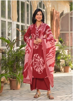 PRIYA’S PANACHE Pure Cotton Kurta Palazzo Set in Red | Indian Ethnic Wear for Women | Traditional Salwar Kameez Kurti with Palazzo | Ready to Wear Cotton Kurta Set.  - Image 1