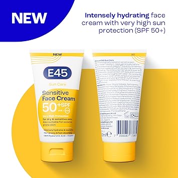 E45 SPF50 Sensitive Sun Cream for Face with Hyaluronic Acid UVA and UVB Protection FragranceFree and Dermatologically Tested Sunscreen Suitable For Dry Sensitive and Eczema Prone Skin 50ml - Image 2
